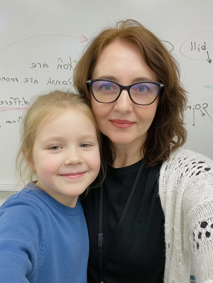 Двуязычный логопед Екатерина Ананьева занимается с ребёнком у доски в студии SpringSpeak Therapies в Вестоне
